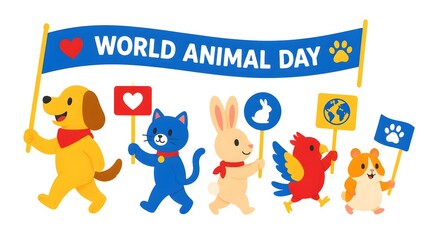 Fototapeta premium Colorful flat vector celebration of World Animal Day featuring animals marching in a parade down a city street with banners and confetti