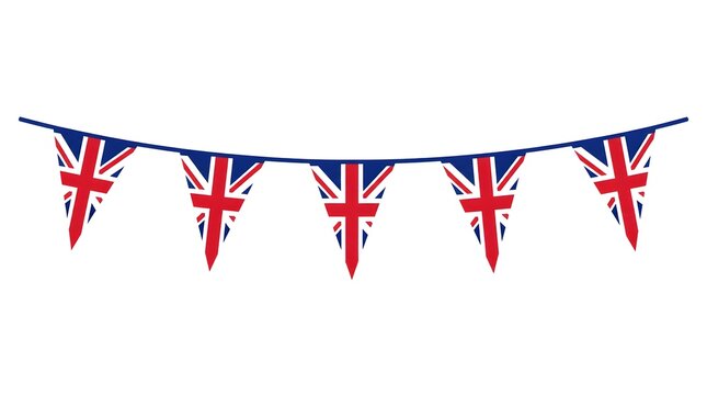 Vibrant flat vector illustration of British union jack bunting flags strung festively across a plain white background