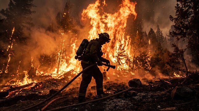 Silhouetted firefighter standing in profile near large burning trees during a forest fire.