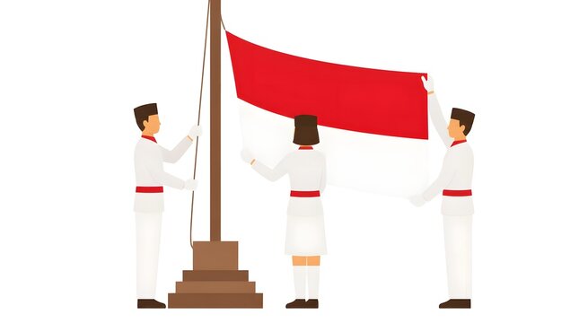Three uniformed school children salute during a patriotic flag raising ceremony in a school courtyard with a flag on a flagpole