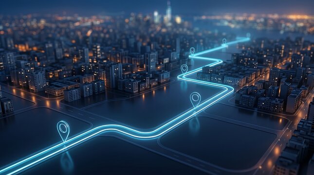 Abstract night city map with glowing light path and digital location markers illustrating route optimization and logistics planning for modern supply chain and delivery services