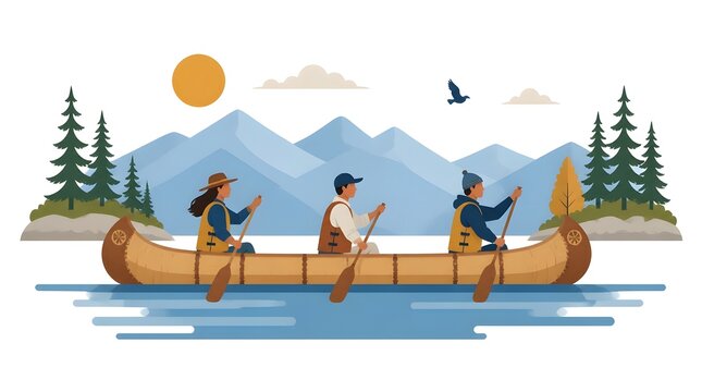 Flat vector illustration of a traditional birchbark canoe with three paddlers on a calm lake surrounded by green forest and soft sky