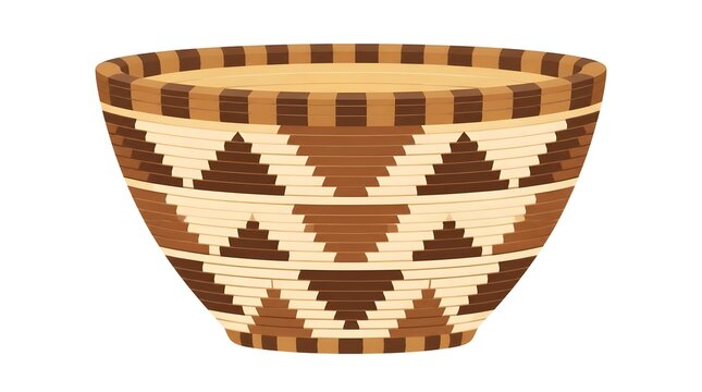Flat vector illustration of a traditional handwoven cedar basket featuring intricate geometric patterns and natural fiber weave textures