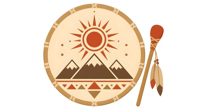 Vibrant flat vector illustration of a hand drum decorated with a painted sun and radiating sun rays centered on its drumhead