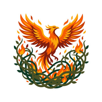 Phoenix surrounded by green vines and orange fire
