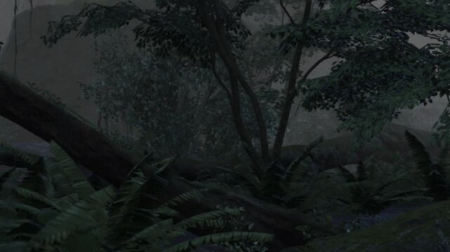 A forest scene shows tall trees and ferns under a thick layer of fog. The time is early morning. The landscape appears lush and green, with low light filtering through the leaves.