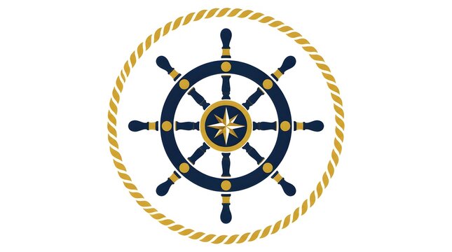 Flat vector illustration of a ship steering wheel with nautical ropes anchors and maritime symbols for themed graphic design