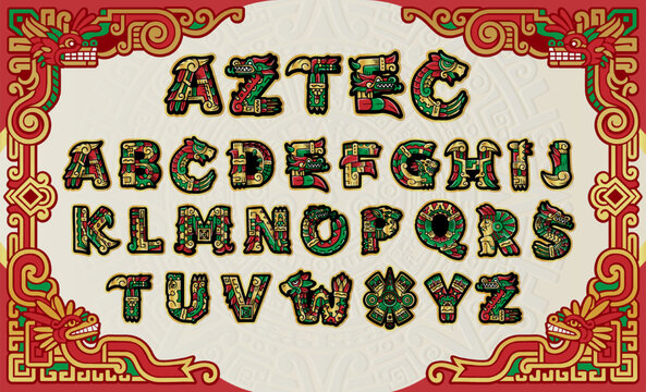 Aztec style alphabet font with ornamental letters and decorative border