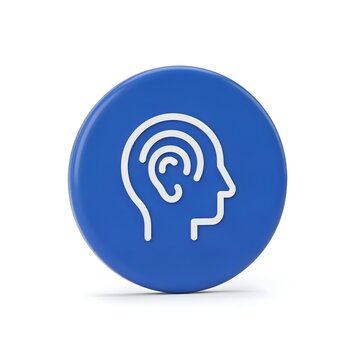 3d rendering of a blue round icon featuring a human head silhouette with an inner ear and sound waves for hearing concept