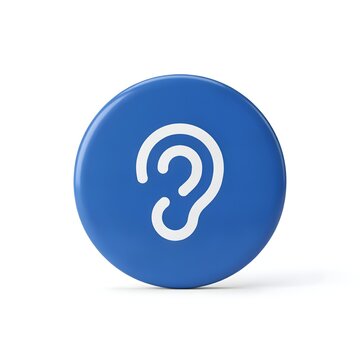 3D blue and white icon of a human ear representing hearing, listening, sensory perception, and audiology care on a clean white background