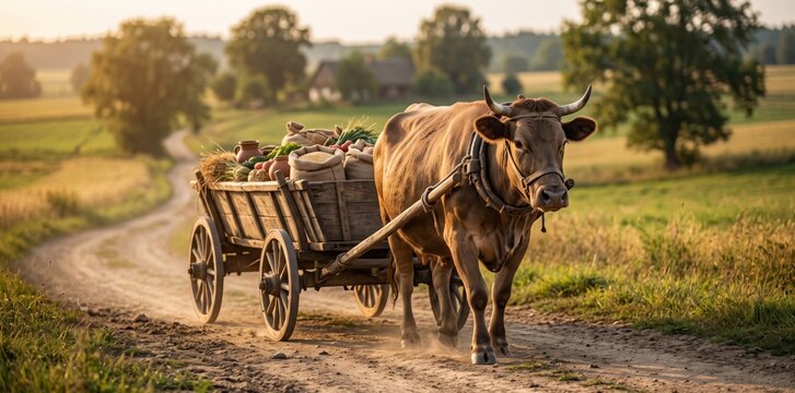 A brown ox pulling a wooden cart filled with harvested vegetables and burlap sacks along a dusty dirt road in a rural countryside landscape at sunset