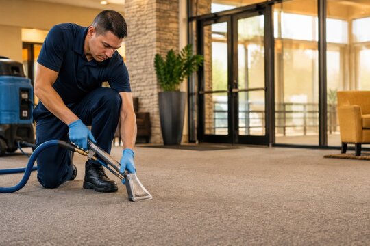 Professional cleaner cleaning carpet in a modern hotel lobby