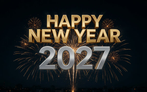 A festive happy new year 2027 greeting card design featuring bold gold and silver typography against a dark background with bright sparkling firework light effects