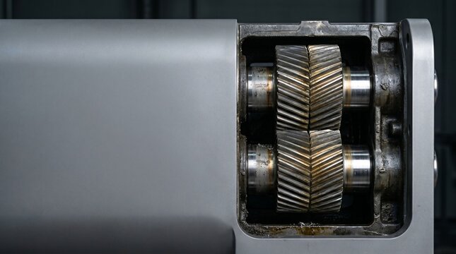 Hyper-realistic helical gears with ISO VG 320 boundary lubrication straw heat discoloration micro-shavings in bead-blasted titanium alloy shroud opening, wide left layout