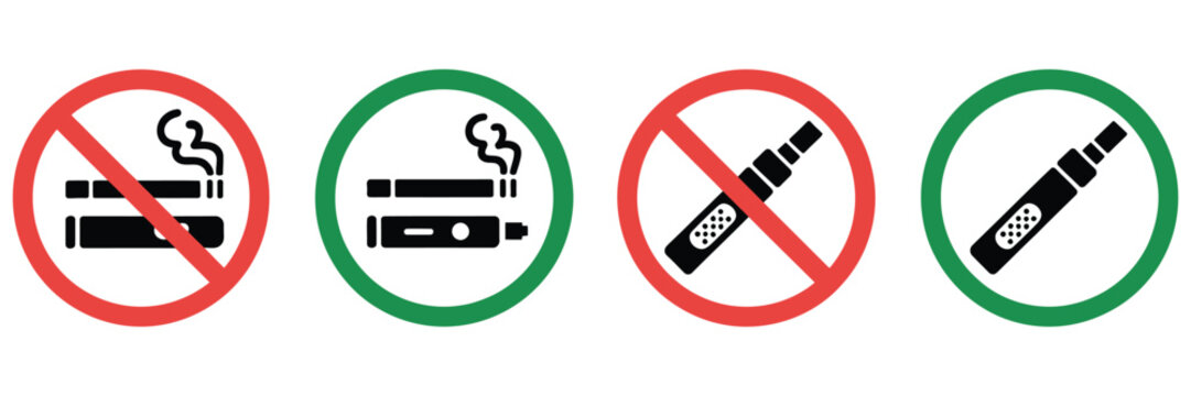 smoking vaping signs, cigarette and electronic cigarette symbols for smoking prohibition and permission, public area warnings, tobacco regulations, safety notices and vector illustration