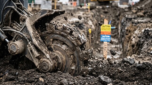 Heavy trenching wheel blade cutting through dirt and soil near safety signs.