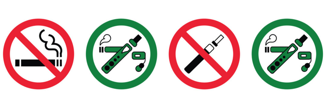 smoking vaping signs, no smoking and smoking allowed symbols with cigarette and electronic cigarette warnings, prohibition permission notices for public places, tobacco safety vector design
