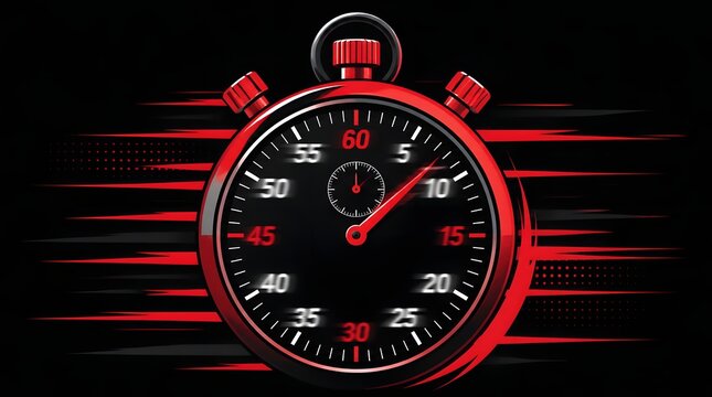 Flat vector illustration of a digital stopwatch timer counting up in motion with speed lines and motion trails on a clean sports background