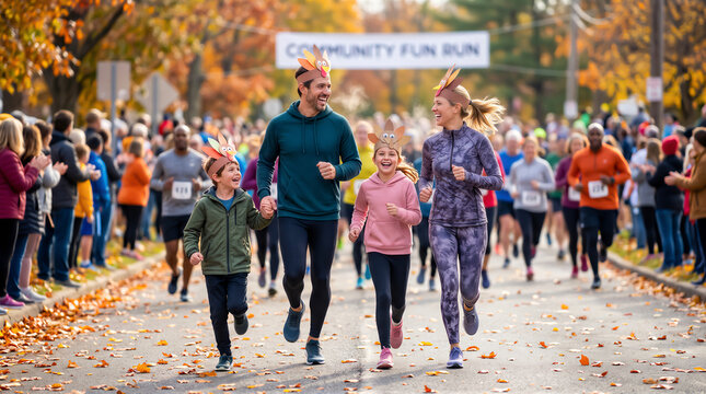 Active family wearing turkey headband running in community autumn marathon with cheering crowd on tree lined suburban road outside for Thanksgiving. Family autumn celebration concept, copy-space.