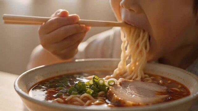Cute Asian Child Eating Delicious Japanese Ramen Noodles with Chopsticks, Slurping Hot Noodle Soup with Chashu Pork and Scallions in Cozy Restaurant