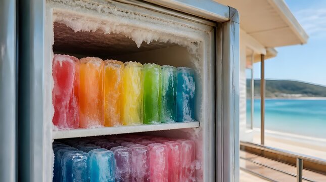 Close up of translucent ice blocks glowing internally with vivid rainbow colors creating sparkling reflections and refractions in dark studio