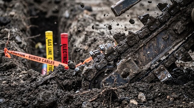 Close-up of ground excavation with colorful utility cables and markers exposed in the dirt