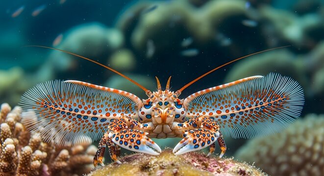 Ornate Spiny Lobster with Feathered Antennae on Coral Reef During Daylight