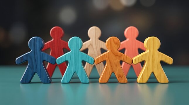 Group of colorful wooden human-shaped figurines standing in a row on a smooth desk surface representing teamwork diversity and community collaboration in a modern business environment