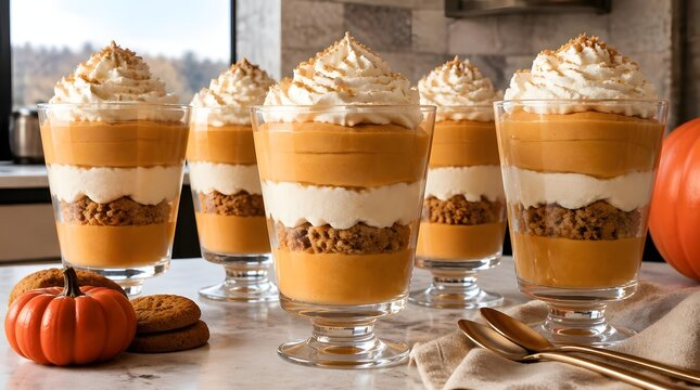 Realistic vertical stack of layered pumpkin dessert glasses with mousse cream and cookie crumble on bakery counter
