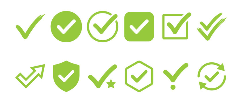 A collection of various green check mark icons and tick symbols isolated on a white background for web design and user interface project