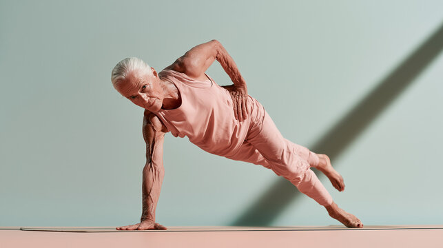 Strong 70 year old athletic woman performing dynamic side plank inspired balance, one arm and leg extended, grey white hair, dramatic low angle, pastel studio and long shadow