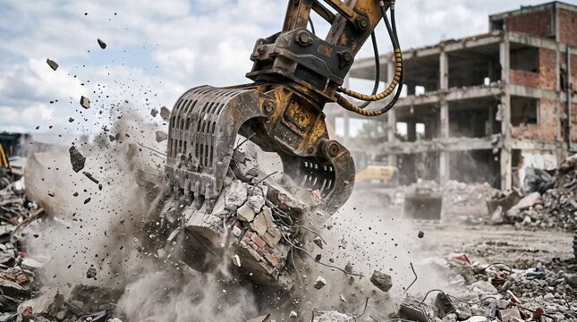 Heavy machinery claw attachment crushing concrete and rock during building demolition