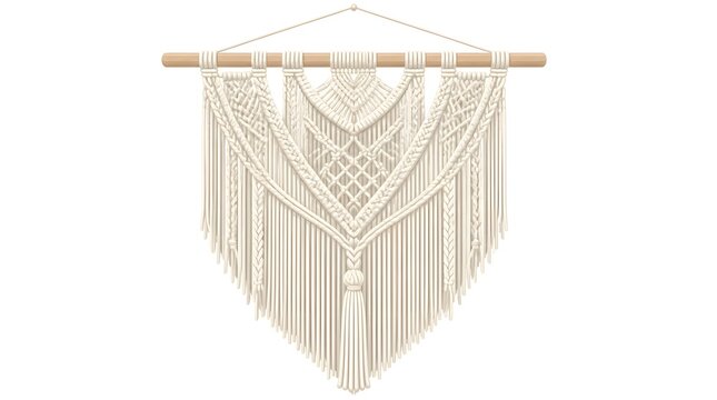 Flat vector illustration of a macrame wall hanging with intricate knot patterns and wooden dowel displayed on an indoor wall