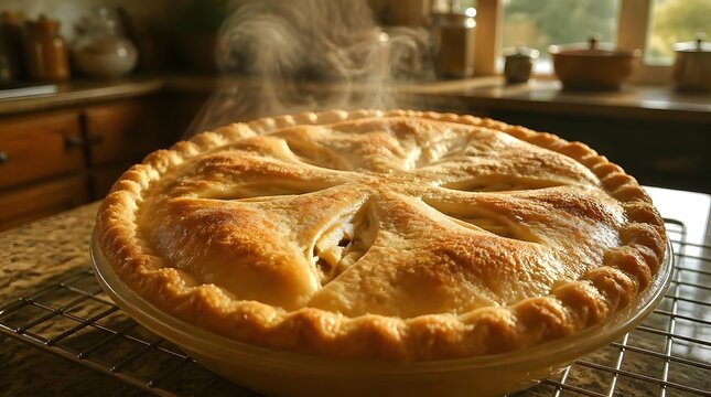 Realistic close up of a circular pie with golden brown flaky crust and leaf shaped pastry decorations on a wooden table in a rustic kitchen