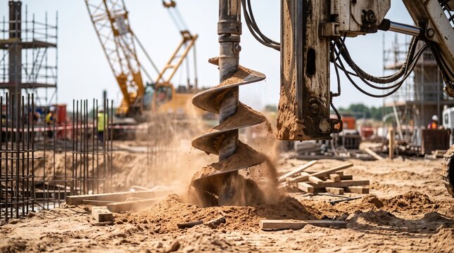 Heavy construction auger drill creating a foundation hole in dry soil with flying dust.