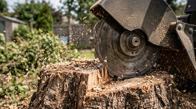 Circular saw cutting wood stump outdoors