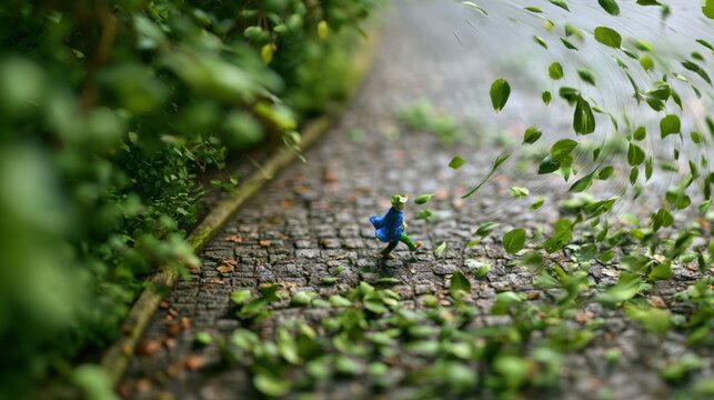 A tiny figure runs in a miniature park as leaves swirl around. The scene captures a moment of windy activity in a small world.