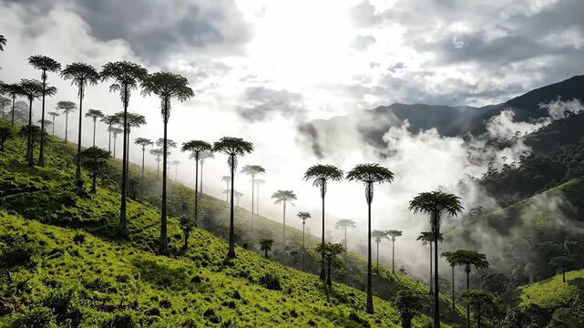 Tall wax palm trees on misty green hills.