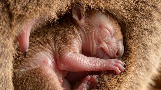 Tiny hairless newborn animal resting in warm pouch.