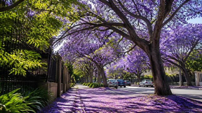 Low angle view looking up at tall purple jacaranda trees in full bloom with vibrant flowers and green leaves against blue sky in spring