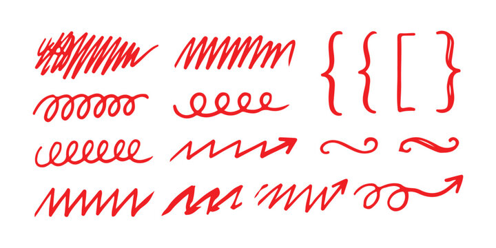 Set of hand drawn red scribbles doodles arrows and brackets for design elements