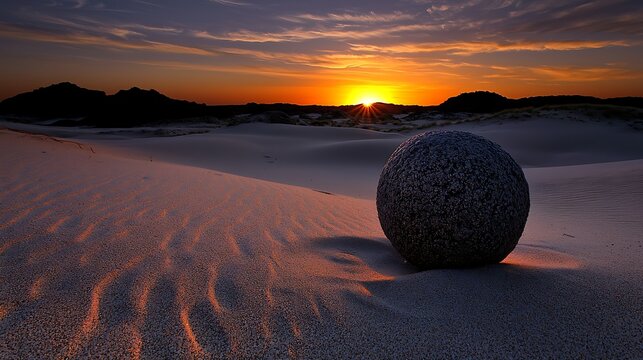 Large round rock on sand dunes at sunset.