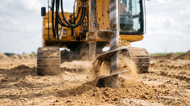 Yellow excavator auger attachment drilling a hole in the ground.