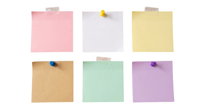 Set of colorful sticky notes and paper memos pinned with push pins for reminders and office organization