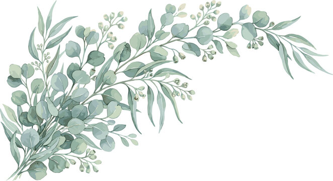  Watercolor eucalyptus leaves corner border vector arrangement with soft green foliage branches isolated on white background for minimalist wedding invitation layout design