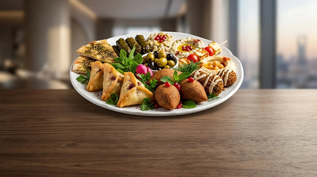 Assorted Middle Eastern mezze platter with hummus, falafel, and kibbeh on a wooden table against a blurred city background.
