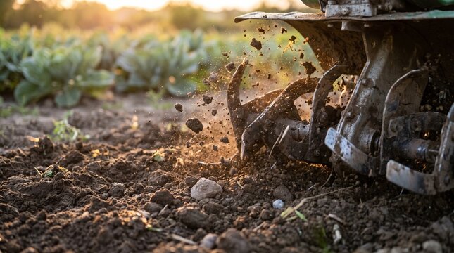 Garden tiller or cultivator tool digging up dirt in a farm field close up.