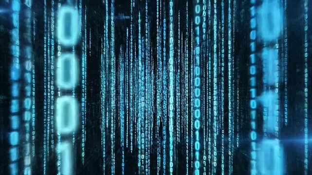 Vertical blue binary code data stream background.