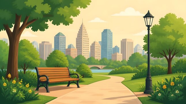 Flat vector illustration of a city park featuring a wooden bench on a paved path surrounded by green grass trees bushes and a lamp post