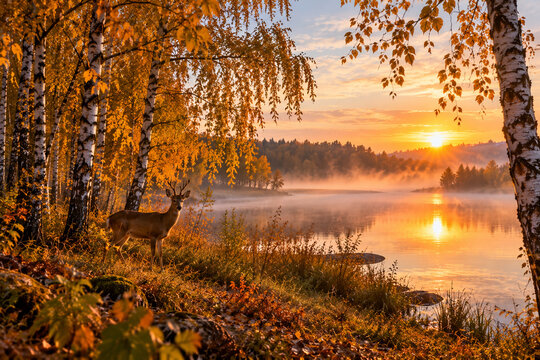 A majestic deer stands on a misty autumn riverbank surrounded by golden birch trees during a breathtaking sunlit morning